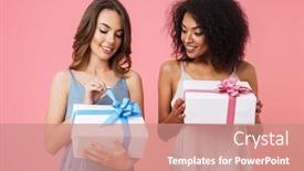  Presentation with happy image - Audience pleasing slide deck consisting of image of happy young two women standing isolated over pink background holding gifts present boxes looking aside backdrop and a coral colored foreground