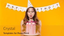  Presentation with party candles - Slide set having image-of-happy-young-woman background and a gold colored foreground