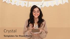  Presentation with happy birthday cake - Presentation theme with image-of-happy-young-woman background and a coral colored foreground