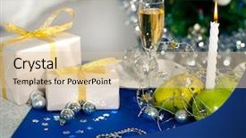  Presentation with flute - Amazing PPT theme having image of holiday table with flute of champagne fruits gifts burning candle and decorations on it backdrop and a lemonade colored foreground