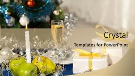  Presentation with flute - Slide set with image of holiday table with flute of champagne fruits gifts burning candle and decorations on it background and a coral colored foreground