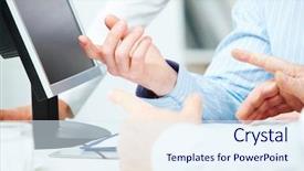  Presentation with monitor computer - Presentation design consisting of image of human hands pointing background and a sky blue colored foreground