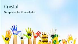 Presentation with colorful hands - Presentation theme enhanced with summer kids play child drawing - image of human hands background and a sky blue colored foreground