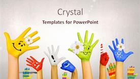  Presentation with colorful hands - Slide set featuring image of human hands in colorful paint with smiles background and a sky blue colored foreground