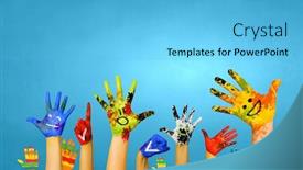  Presentation with colorful hands - Amazing slide deck having image of human hands in colorful paint with smiles backdrop and a light blue colored foreground