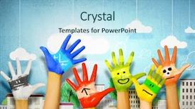  Presentation with colorful hands - Presentation theme having image of human hands in colorful paint with smiles background and a light blue colored foreground