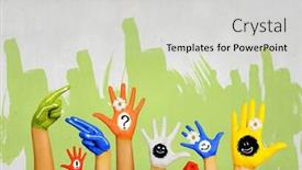  Presentation with colorful hands - Beautiful presentation theme featuring image of human hands in colorful paint with smiles backdrop and a light gray colored foreground