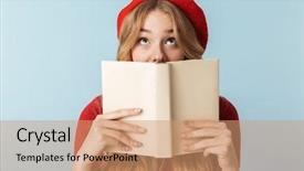  Presentation with blue and purple and red - Amazing slides having image of humble blond woman backdrop and a coral colored foreground