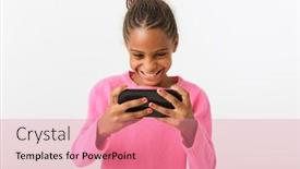  Presentation with video background - Slide deck having image of joyful african american girl playing video game on cellphone isolated over white background background and a coral colored foreground