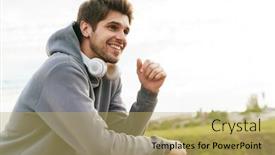  Presentation with railing - Audience pleasing presentation theme consisting of image-of-joyful-athletic-sportsman backdrop and a yellow colored foreground