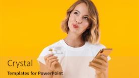  Presentation with basic - Beautiful theme featuring image of joyful blond woman in basic t-shirt holding smartphone and credit card isolated over yellow background backdrop and a gold colored foreground