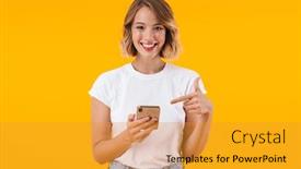  Presentation with basic - Slide deck with image of joyful blond woman in basic t-shirt smiling and pointing finger at cellphone isolated over yellow background background and a gold colored foreground