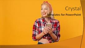  Presentation with joyful - Audience pleasing presentation design consisting of image-of-joyful-blonde-pinup backdrop and a gold colored foreground