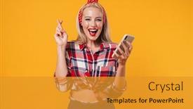  Presentation with joyful - Presentation theme featuring image-of-joyful-blonde-pinup background and a gold colored foreground