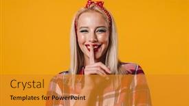  Presentation with joyful - PPT theme consisting of image-of-joyful-blonde-pinup background and a gold colored foreground