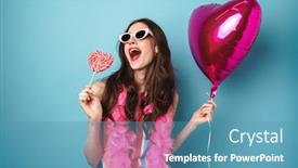  Presentation with lollipop - Colorful slides enhanced with image-of-joyful-brunette-woman backdrop and a teal colored foreground