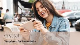  Presentation with kids video game addiction - Amazing PPT theme having image-of-joyful-brunette-woman backdrop and a coral colored foreground