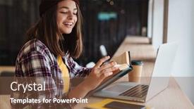  Presentation with girl reading - Slide deck featuring image-of-joyful-caucasian-girl background and a tawny brown colored foreground