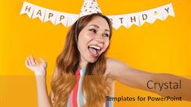  Presentation with joyful - Presentation theme featuring image-of-joyful-cute-woman background and a gold colored foreground
