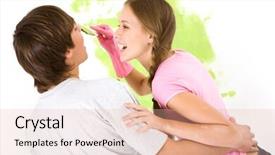  Presentation with improvement - Beautiful presentation featuring image of joyful girl painting lad s face with green color while both laughing during improvement of flat backdrop and a coral colored foreground