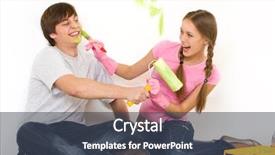  Presentation with improvement - Presentation having image of joyful girl painting lad s face with green color while both laughing during improvement of flat background and a ocean colored foreground