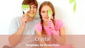  Presentation with green color - Cool new PPT layouts with image of joyful guy and girl hiding one of eyes behind paintbrushes with green color backdrop and a coral colored foreground