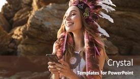  Presentation with joyful - Beautiful PPT theme featuring image of joyful hippy girl in indian chief feather headdress holding smartphone while walking by seaside in morning backdrop and a tawny brown colored foreground
