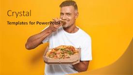  Presentation with joyful - Cool new slide set with image of joyful man 30s in white t-shirt holding and eating pizza while standing isolated over yellow background backdrop and a gold colored foreground