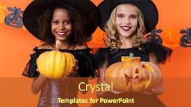  Presentation with black girls - Audience pleasing slide deck consisting of image of joyful multinational girls in black halloween costumes holding pumpkins and smiling isolated over orange wall backdrop and a tawny brown colored foreground