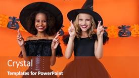  Presentation with black girls - Cool new theme with image of joyful multinational girls in black halloween costumes smiling with fingers crossed isolated over orange pumpkin wall backdrop and a crimson colored foreground