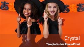  Presentation with black girls - Amazing slide deck having image of joyful multinational girls in black halloween costumes looking and pointing fingers at camera isolated over orange pumpkin wall backdrop and a tawny brown colored foreground