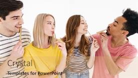  Presentation with women making - Colorful presentation design enhanced with image-of-joyful-multinational-men backdrop and a yellow colored foreground