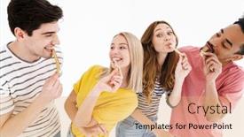  Presentation with women making - Cool new slide set with image-of-joyful-multinational-men backdrop and a yellow colored foreground