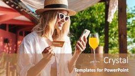  Presentation with cocktail bar - Cool new PPT theme with image-of-joyful-nice-woman backdrop and a coral colored foreground