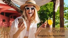  Presentation with cocktail bar - Audience pleasing presentation theme consisting of image-of-joyful-nice-woman backdrop and a coral colored foreground