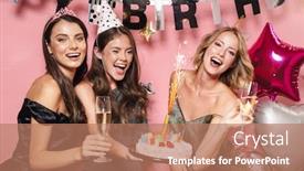  Presentation with pink birthday - Slide set enhanced with image of joyful party girls in fancy dresses holding birthday cake and champagne glasses isolated over pink background background and a coral colored foreground