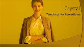  Presentation with formal - Audience pleasing presentation theme consisting of image-of-joyful-pretty-woman backdrop and a gold colored foreground