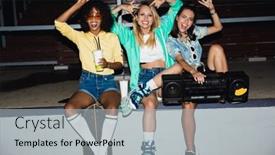  Presentation with girls night - Colorful PPT theme enhanced with image of joyful roller girls sitting together with skateboard and boombox player at night outdoors backdrop and a light gray colored foreground