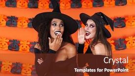  Presentation with black women - Presentation design with image of joyful witch women in black halloween costume and makeup telling gossips to each other isolated over orange pumpkin wall background and a tawny brown colored foreground
