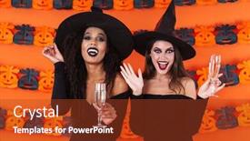  Presentation with black women - Amazing slide deck having image of joyful witch women in black halloween costume smiling and holding champagne glasses isolated over orange pumpkin wall backdrop and a tawny brown colored foreground
