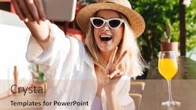  Presentation with cocktail bar - Presentation theme enhanced with image-of-joyful-woman-gesturing background and a coral colored foreground