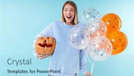  Presentation with blue balloons - Audience pleasing presentation theme consisting of image of joyful woman holding halloween carved pumpkin and air balloons isolated over blue background backdrop and a light blue colored foreground
