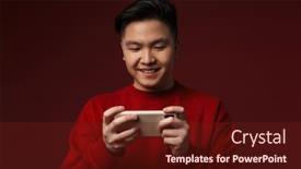  Presentation with video game - Colorful PPT theme enhanced with image-of-joyful-young-asian backdrop and a tawny brown colored foreground