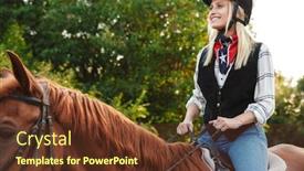  Presentation with horse riding - Amazing presentation theme having image of joyful young blonde woman wearing hat riding horse at yard in countryside backdrop and a tawny brown colored foreground