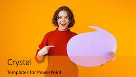  Presentation with naughty girl is standing - Slide set consisting of image of joyous girl 20s background and a gold colored foreground