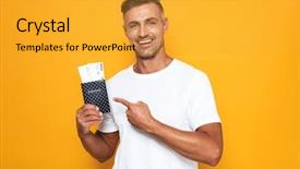  Presentation with passport travel - Amazing presentation design having image of joyous man 30s backdrop and a gold colored foreground