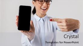  Presentation with office - Cool new slide deck with image of joyous office woman backdrop and a  colored foreground