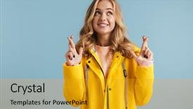  Presentation with blue and yellow - Presentation design consisting of image of joyous woman 20s background and a gold colored foreground