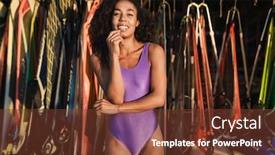  Presentation with african american adults in classroom - PPT theme with image of laughing african american woman in swimsuit looking at camera near surfboards and sails on beach background and a tawny brown colored foreground