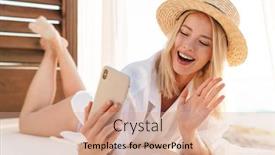  Presentation with bed hotel - PPT theme enhanced with image-of-laughing-blonde-woman background and a coral colored foreground